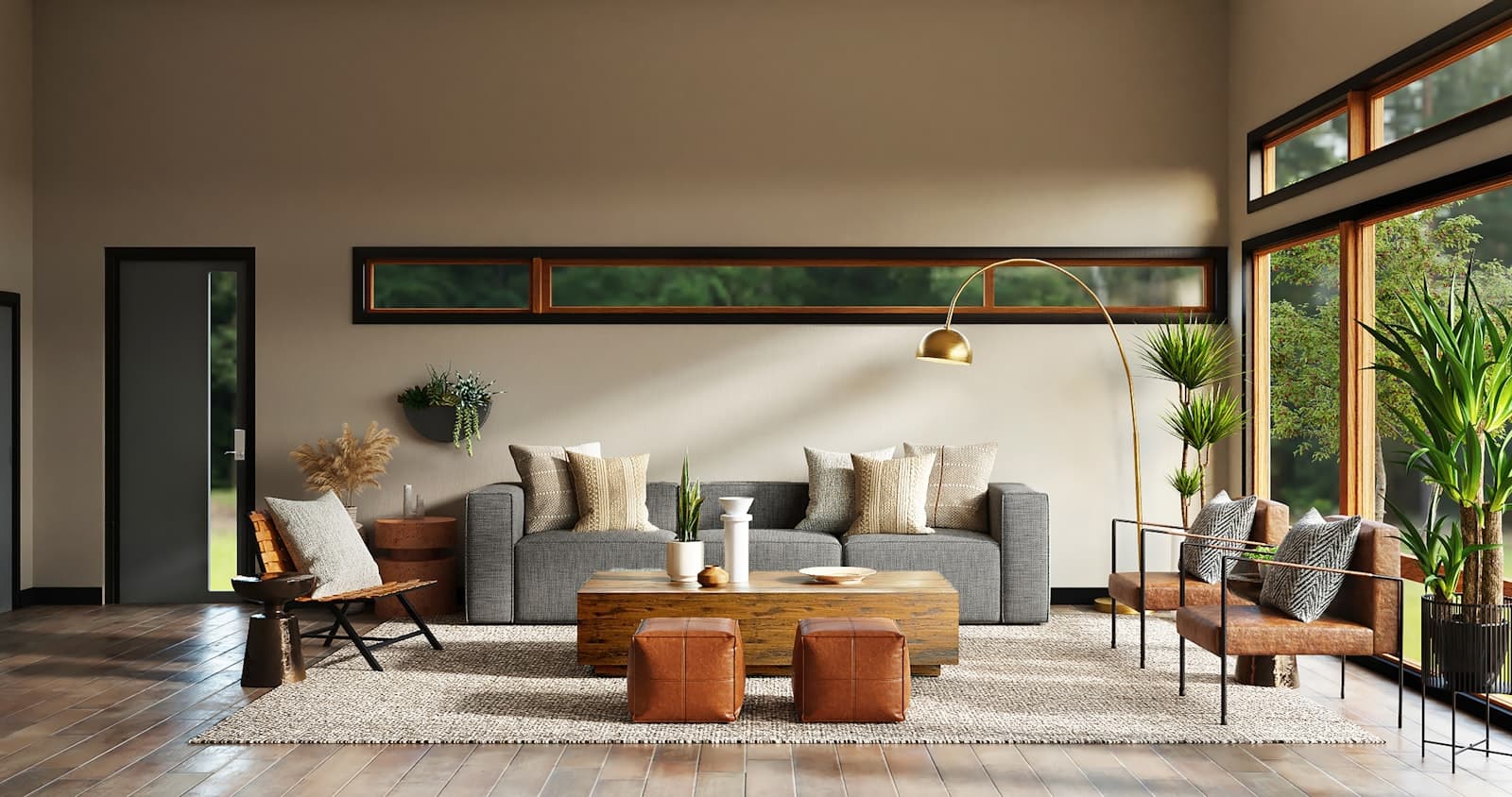 Warm private lounge interior with soft light and natural materials.