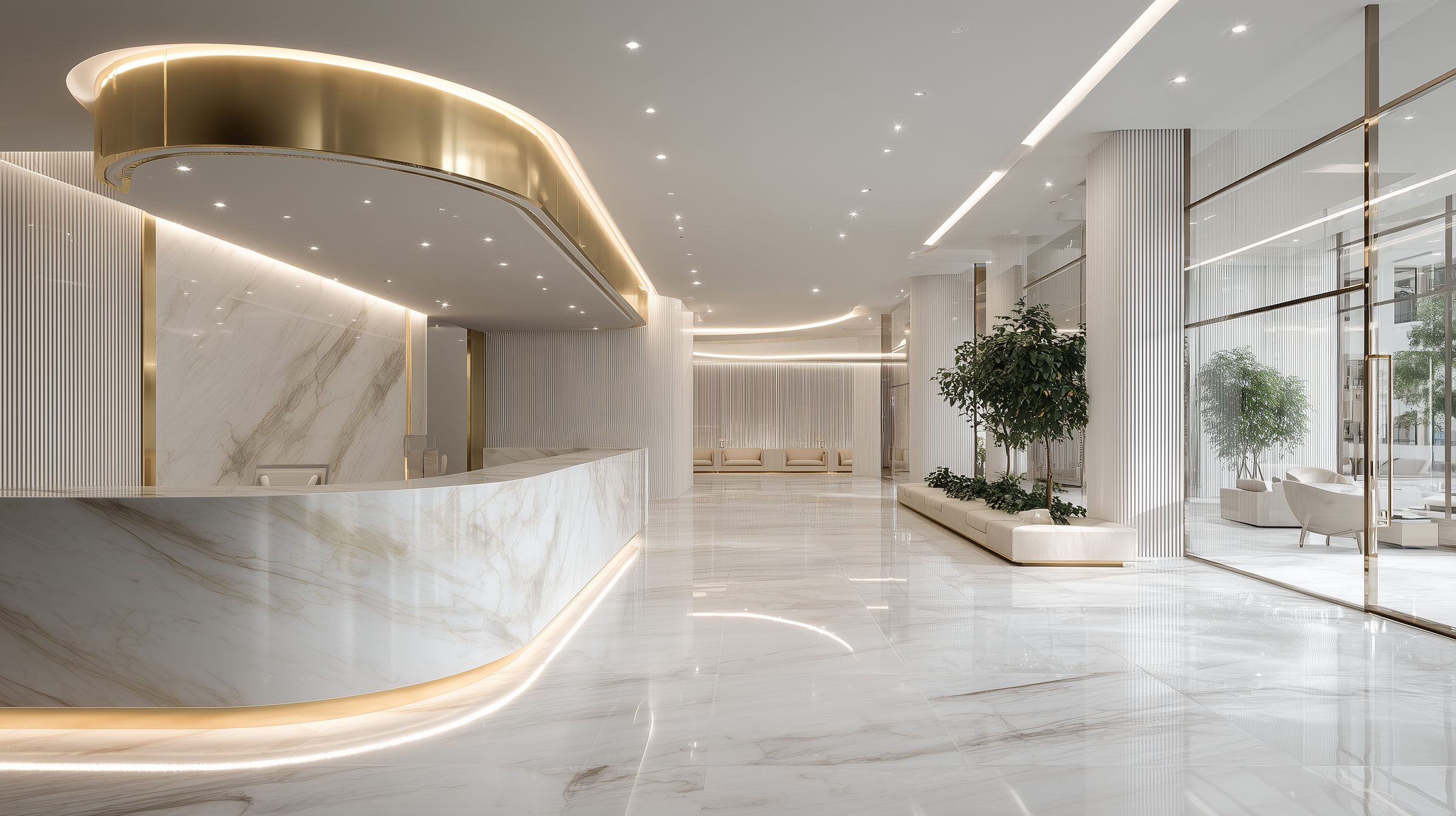 White marble reception lobby with a curved desk under warm gold canopy lighting.